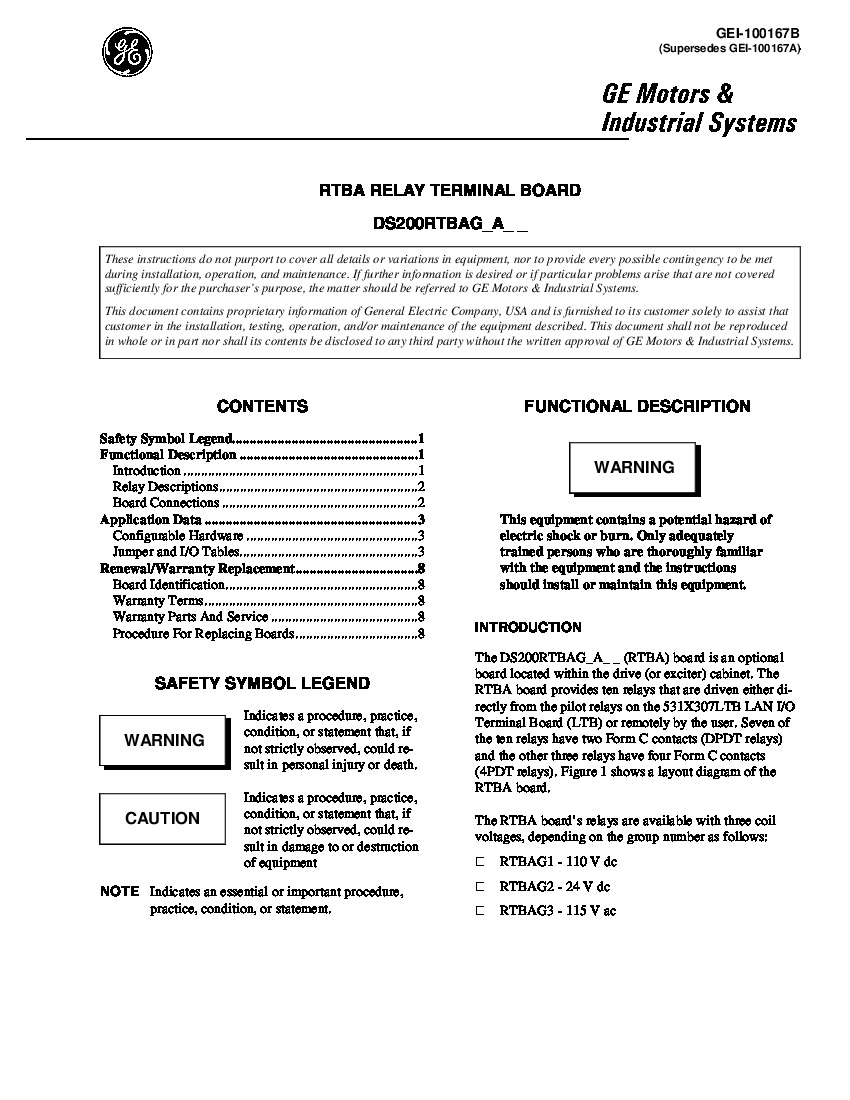 First Page Image of DS200RTBAG1A RTBA Relay Terminal Board GEI-100167B.pdf